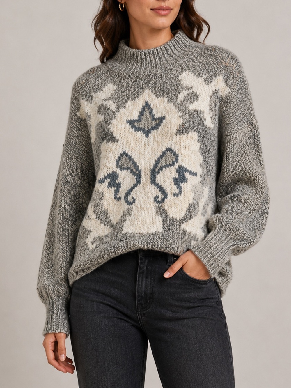 80s Vintage Partners Fair Isle Nordic Turtleneck Sweater Mock Neck Grey Large
